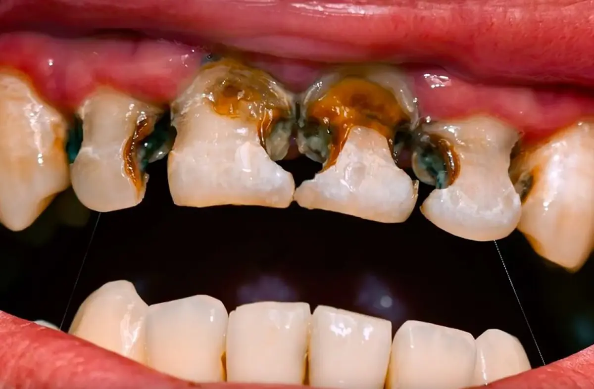 Black stains on teeth due dental cavities formation from tooth decay